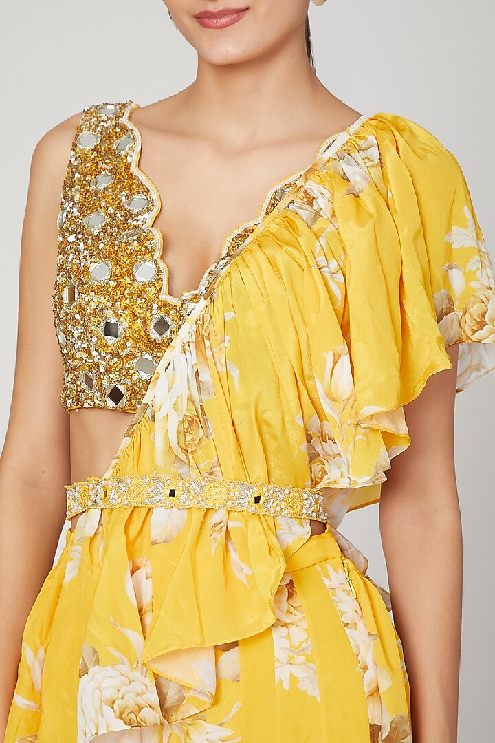 Mango Yellow Printed Wedding Lehenga Saree Set With Belt by Neha Chopra Tandon at Pernia's Pop Up Shop