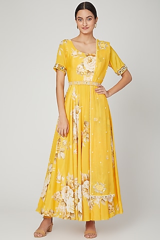 Mango Yellow Printed Anarkali Set by Neha Chopra Tandon