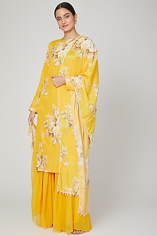 Mango Yellow Georgette Sharara Set by Neha Chopra Tandon