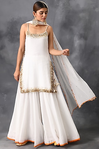 Ivory Mirror & Sequins Embroidered Sharara Set by Neha Chopra Tandon