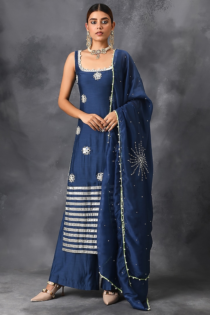 Blue Mirror & Sequins Embroidered Sharara Set by Neha Chopra Tandon