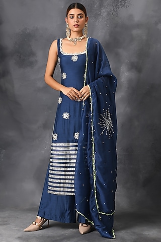 Blue Mirror & Sequins Embroidered Sharara Set by Neha Chopra Tandon