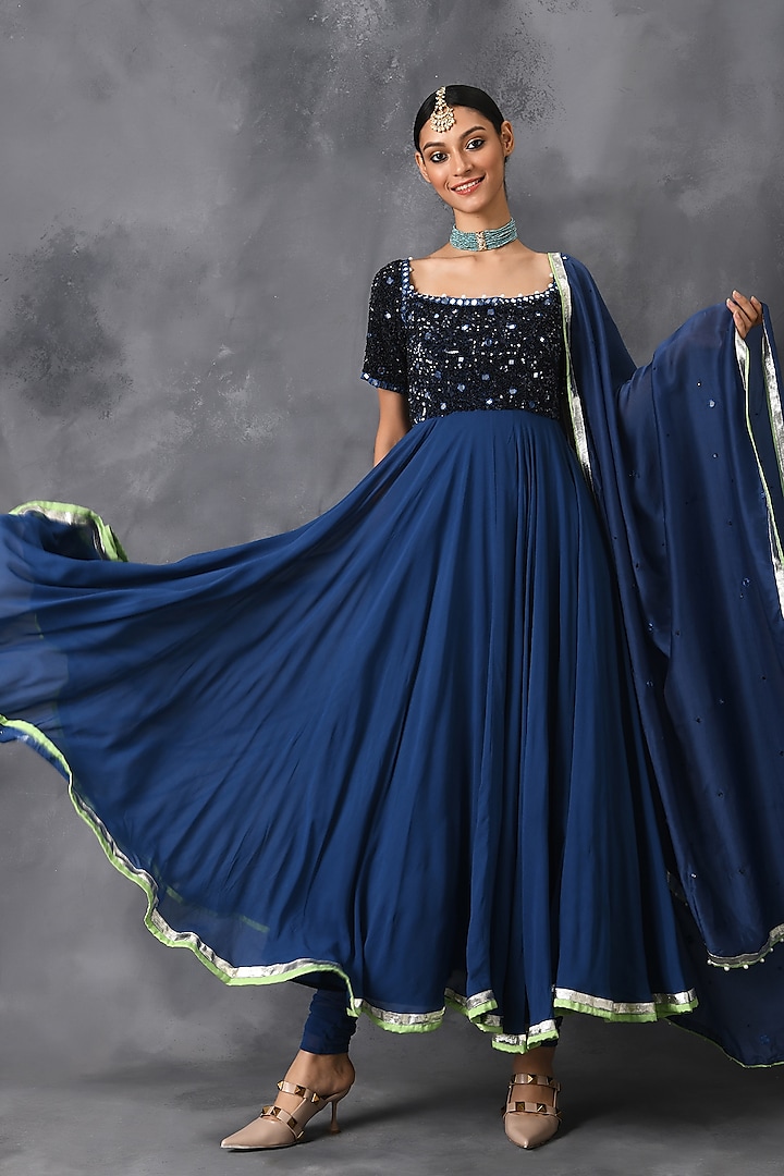 Blue Sequins Embroidered Anarkali Set by Neha Chopra Tandon