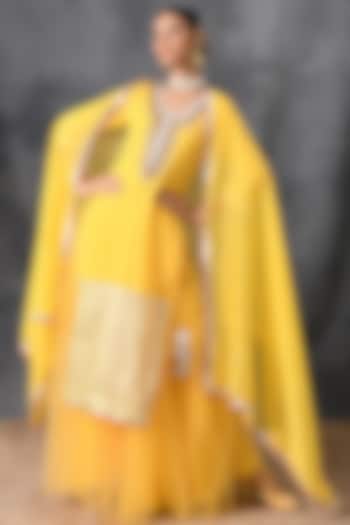 Yellow Mirror & Sequins Embroidered Sharara Set by Neha Chopra Tandon