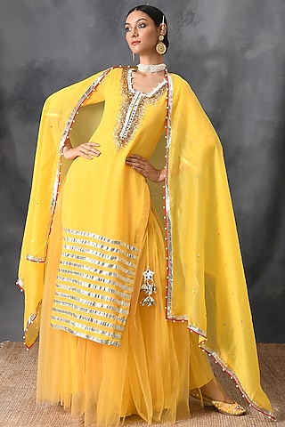 Yellow Mirror & Sequins Embroidered Sharara Set by Neha Chopra Tandon