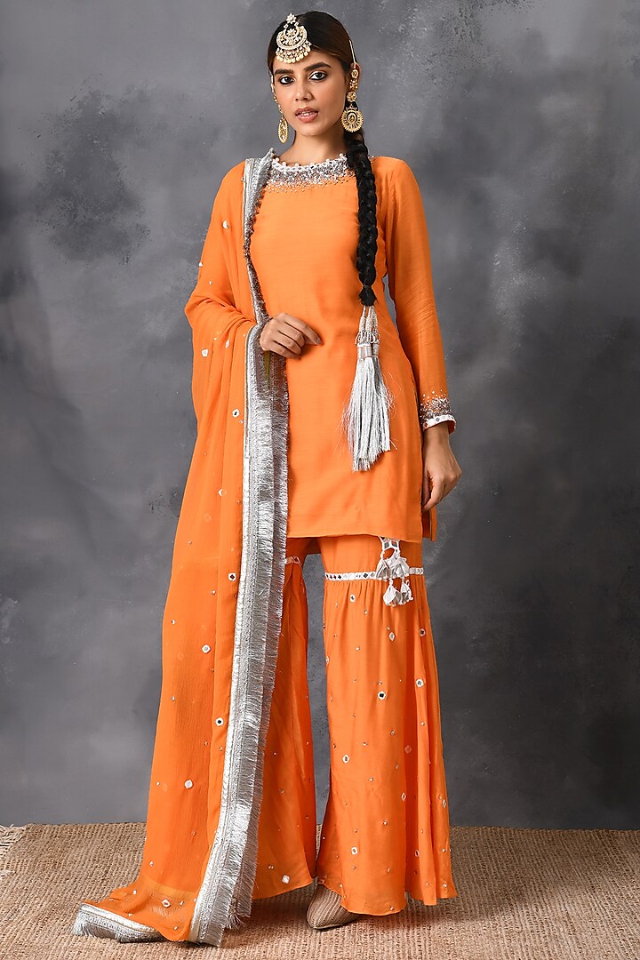 Orange Mirror & Sequins Embroidered Sharara Set by Neha Chopra Tandon