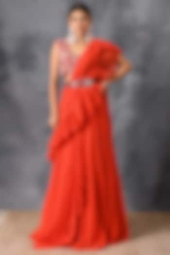 Red Zardosi Embroidered Wedding Lehenga Saree Set by Neha Chopra Tandon at Pernia's Pop Up Shop