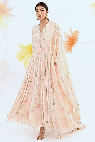 Blush Pink Sequinned Anarkali Set by Neha Chopra Tandon