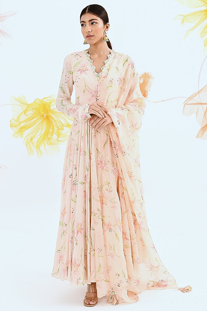 Blush Pink Sequinned Wedding Anarkali Set by Neha Chopra Tandon at Pernia's Pop Up Shop