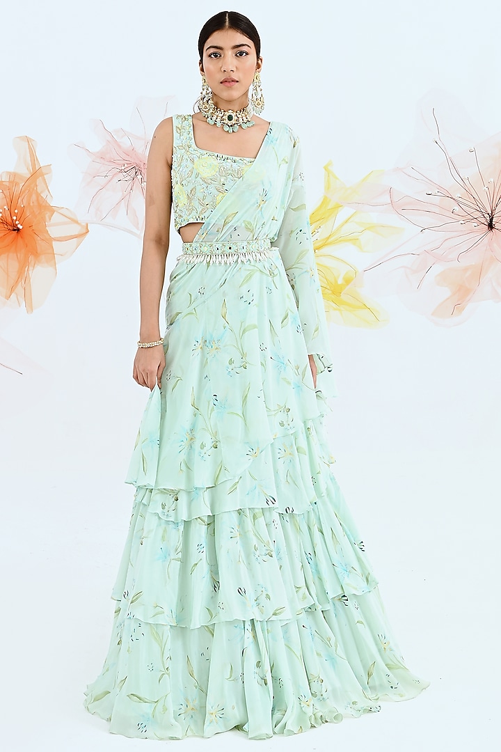 Light Blue Crepe Lily Printed Ruffled Lehenga Saree Set by Neha Chopra Tandon at Pernia's Pop Up Shop