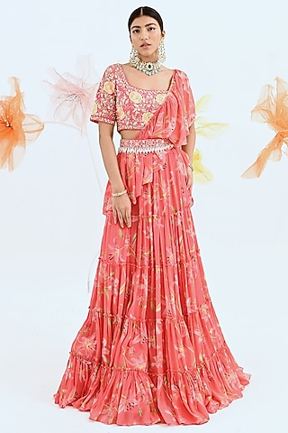 Coral Printed Lehenga Saree Set by Neha Chopra Tandon