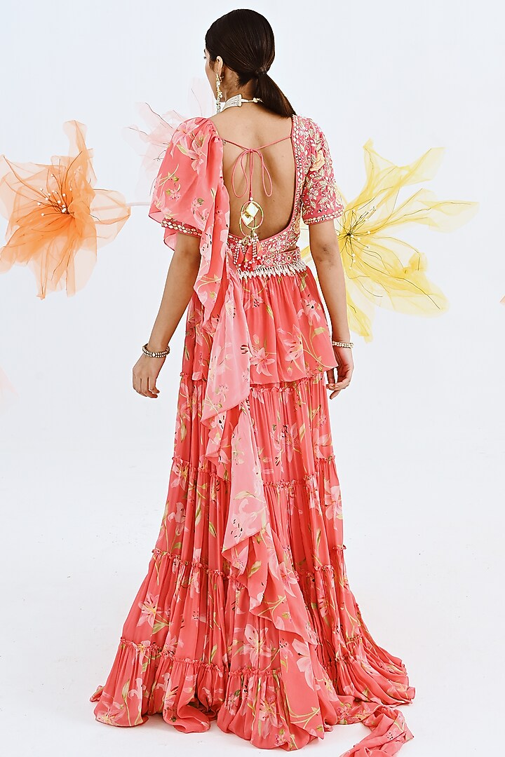 Coral Printed Lehenga Wedding Saree Set by Neha Chopra Tandon at Pernia's Pop Up Shop