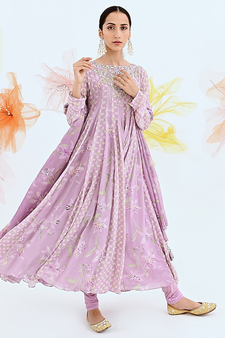 Lilac Embroidered Wedding Anarkali Set by Neha Chopra Tandon at Pernia's Pop Up Shop