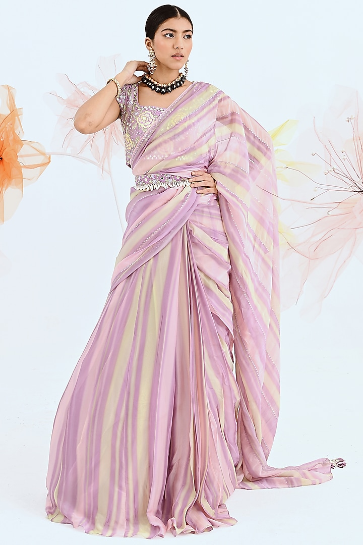 Lilac Organza Stripe Printed Lehenga Saree Set by Neha Chopra Tandon