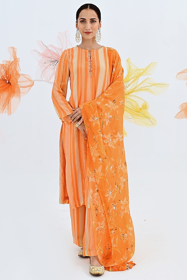Orange Sequinned Kurta Set by Neha Chopra Tandon