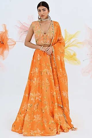 Orange Printed Lehenga Set by Neha Chopra Tandon