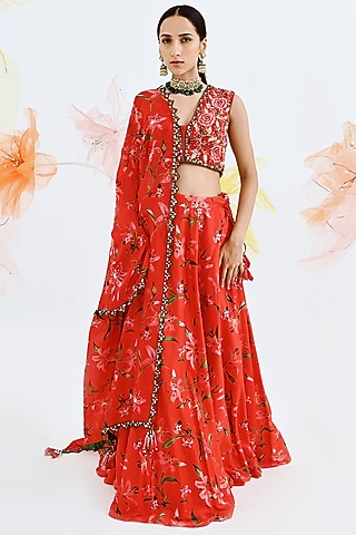 Red Printed Lehenga Set by Neha Chopra Tandon