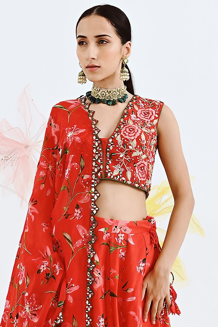 Red Printed Wedding Lehenga Set by Neha Chopra Tandon at Pernia's Pop Up Shop
