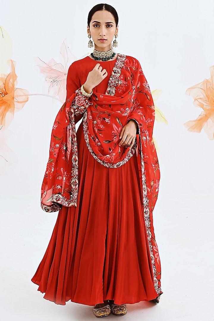 Red Anarkali Set With Work by Neha Chopra Tandon