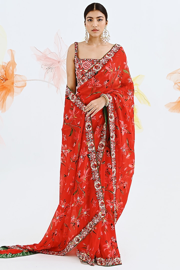 Red Printed Saree Set by Neha Chopra Tandon at Pernia's Pop Up Shop