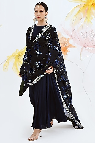 Blue Printed Anarkali Set by Neha Chopra Tandon