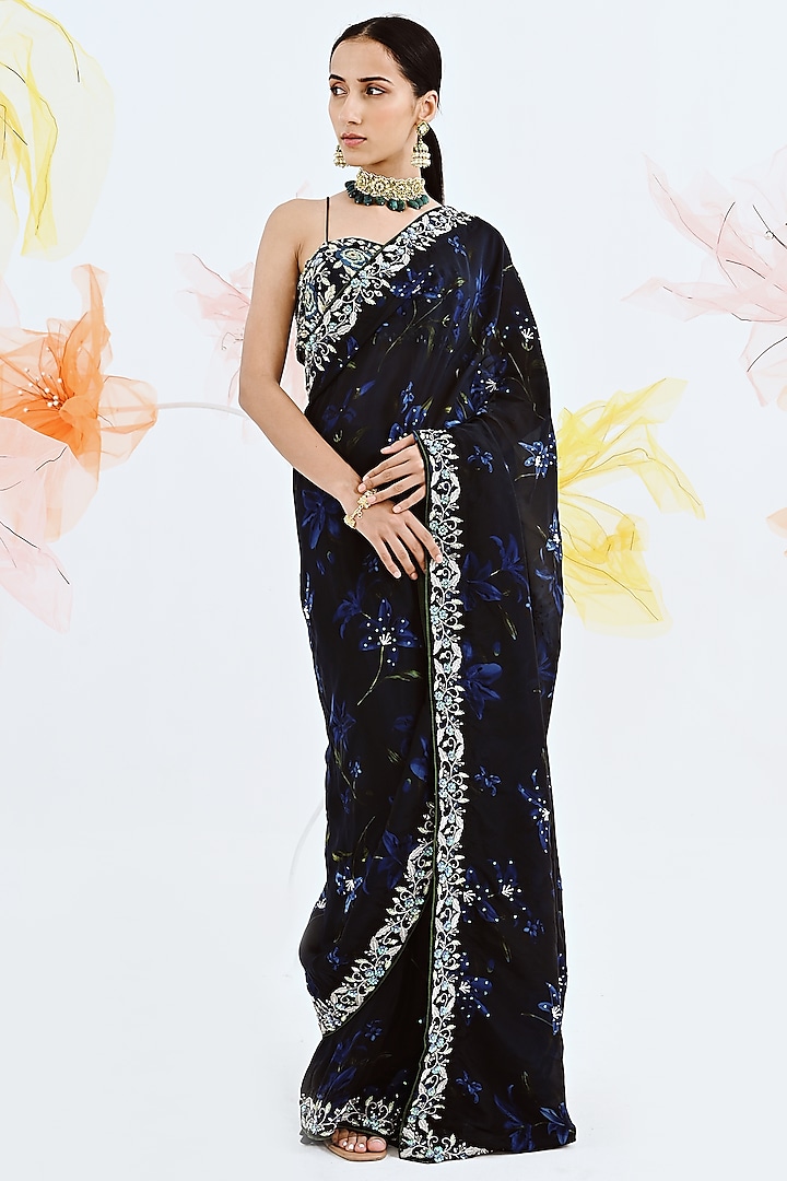 Blue Printed Saree Set by Neha Chopra Tandon