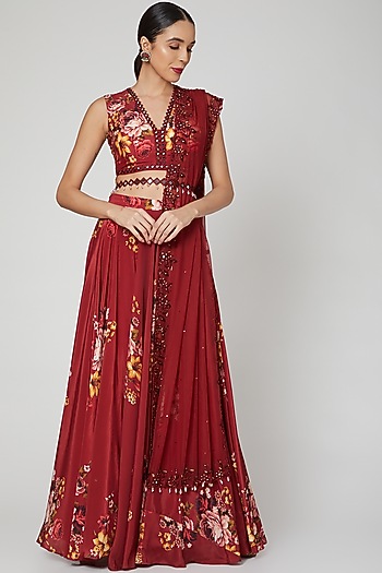 Maroon Printed & Embroidered Wedding Lehenga Set  by Neha Chopra Tandon at Pernia's Pop Up Shop
