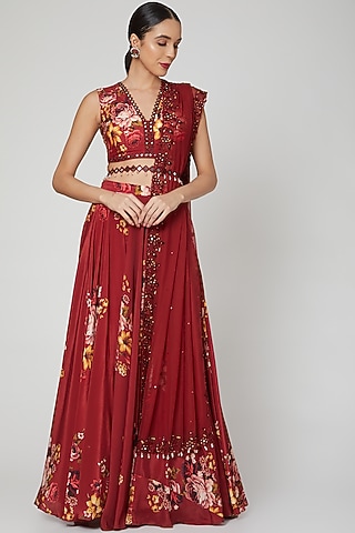 Maroon Printed & Embroidered Lehenga Set  by Neha Chopra Tandon