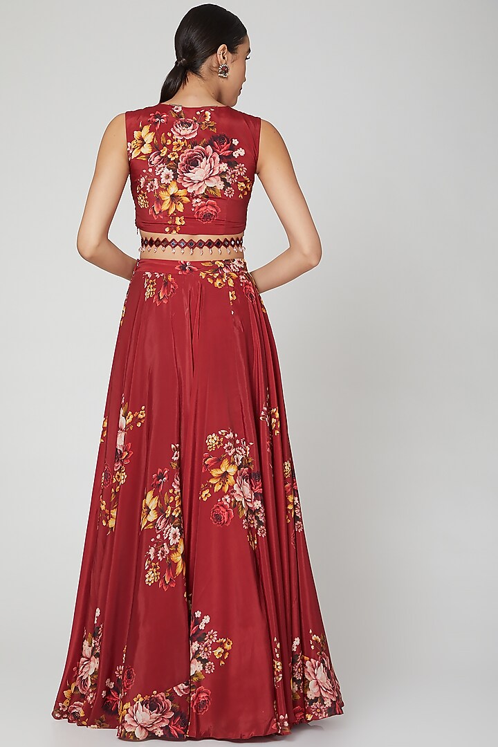 Maroon Printed & Embroidered Wedding Lehenga Set by Neha Chopra Tandon at Pernia's Pop Up Shop
