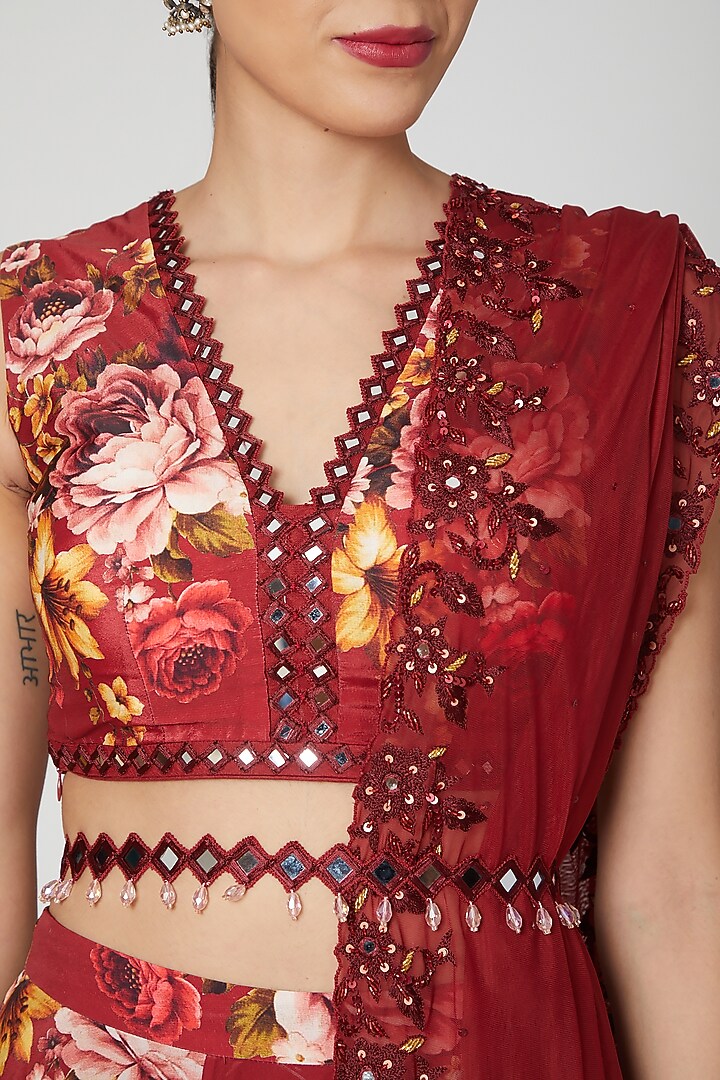 Maroon Printed & Embroidered Wedding Lehenga Set by Neha Chopra Tandon at Pernia's Pop Up Shop