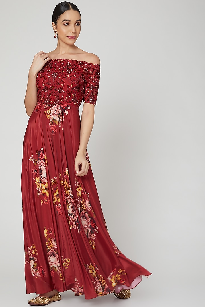 Maroon Printed & Embroidered Jumpsuit by Neha Chopra Tandon