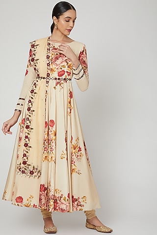 Beige Printed & Embroidered Anarkali Set  by Neha Chopra Tandon