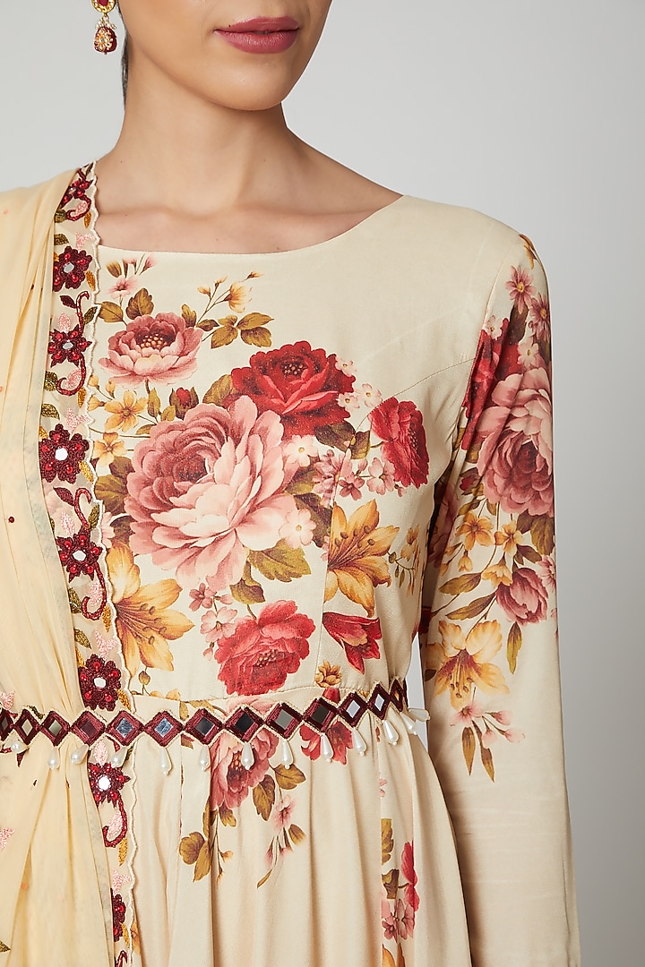 Beige Printed & Embroidered Wedding Anarkali Set  by Neha Chopra Tandon at Pernia's Pop Up Shop