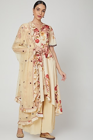 Beige Floral Printed & Embroidered Anarkali Set  by Neha Chopra Tandon