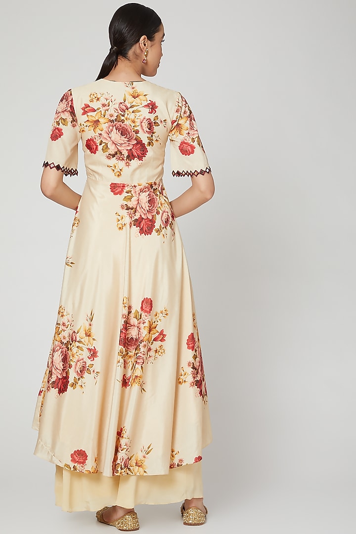 Beige Floral Printed & Embroidered Party Wear Anarkali Set  by Neha Chopra Tandon at Pernia's Pop Up Shop