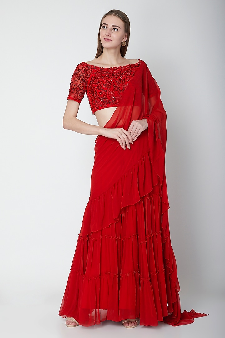 Red Georgette Embroidered Ruffled Lehenga Saree Set by Neha Chopra Tandon