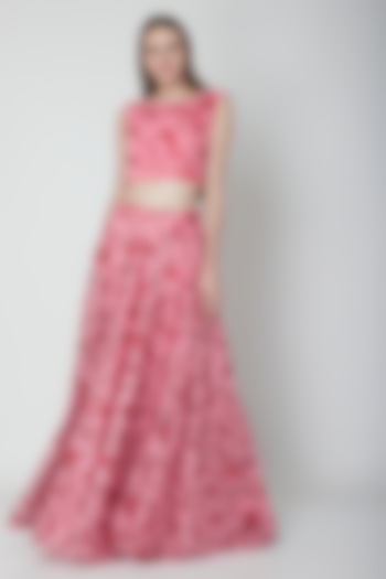 Pink Printed Organza Crop Top With Skirt by Neha Chopra Tandon