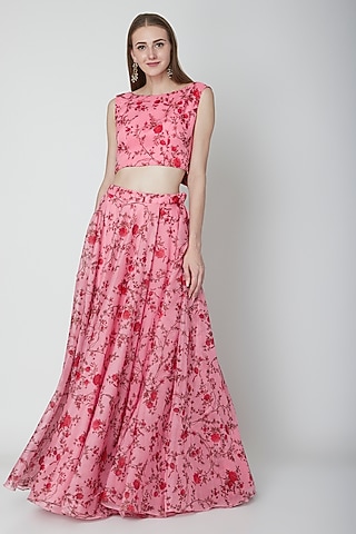 Pink Printed Organza Crop Top With Skirt by Neha Chopra Tandon