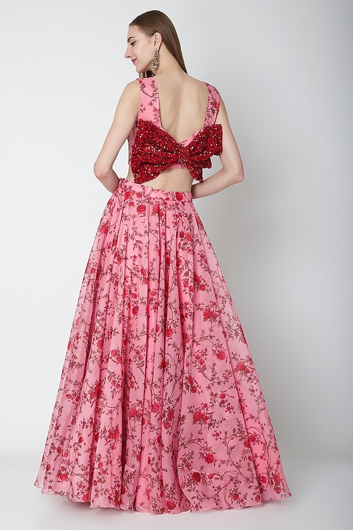 Pink Printed Organza Crop Top With Skirt by Neha Chopra Tandon at Pernia's Pop Up Shop
