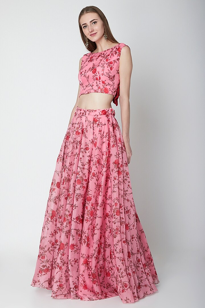 Pink Printed Organza Crop Top With Skirt by Neha Chopra Tandon at Pernia's Pop Up Shop