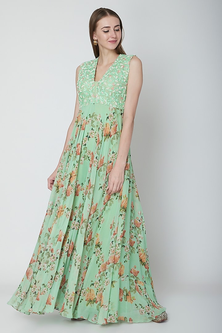 Mint Green Embroidered Jumpsuit by Neha Chopra Tandon