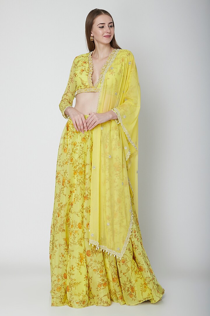 Yellow Printed Georgette Lehenga Set by Neha Chopra Tandon