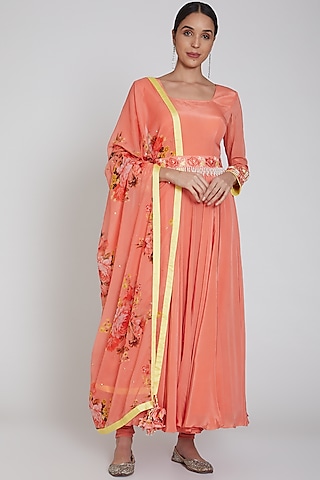 Peach Embroidered Anarkali Set With Belt by Neha Chopra Tandon