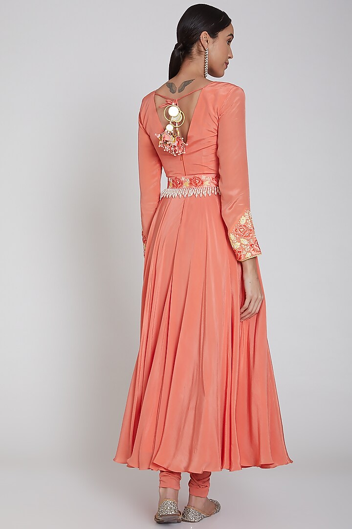 Peach Embroidered Party Wear Anarkali Set With Belt by Neha Chopra Tandon at Pernia's Pop Up Shop