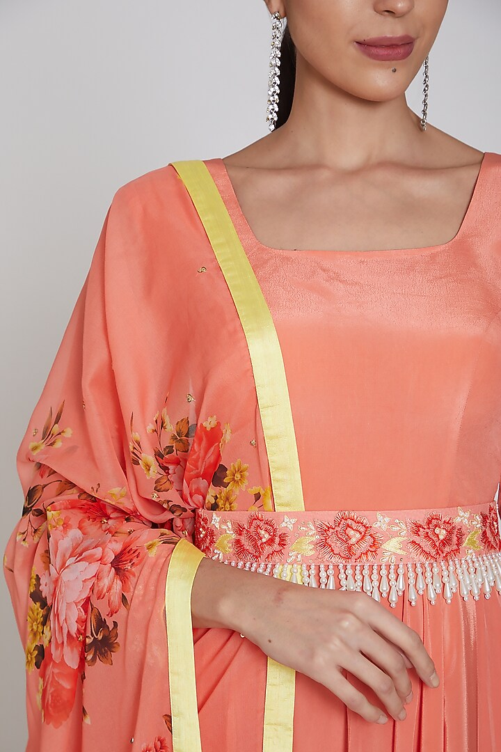 Peach Embroidered Party Wear Anarkali Set With Belt by Neha Chopra Tandon at Pernia's Pop Up Shop