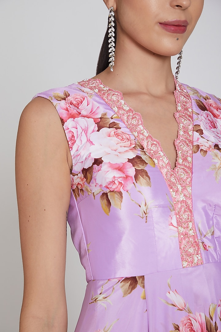 Purple Printed & Embroidered Maxi Vacation Dress by Neha Chopra Tandon at Pernia's Pop Up Shop