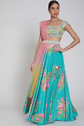 Cobalt Blue Printed Lehenga Set With Belt by Neha Chopra Tandon