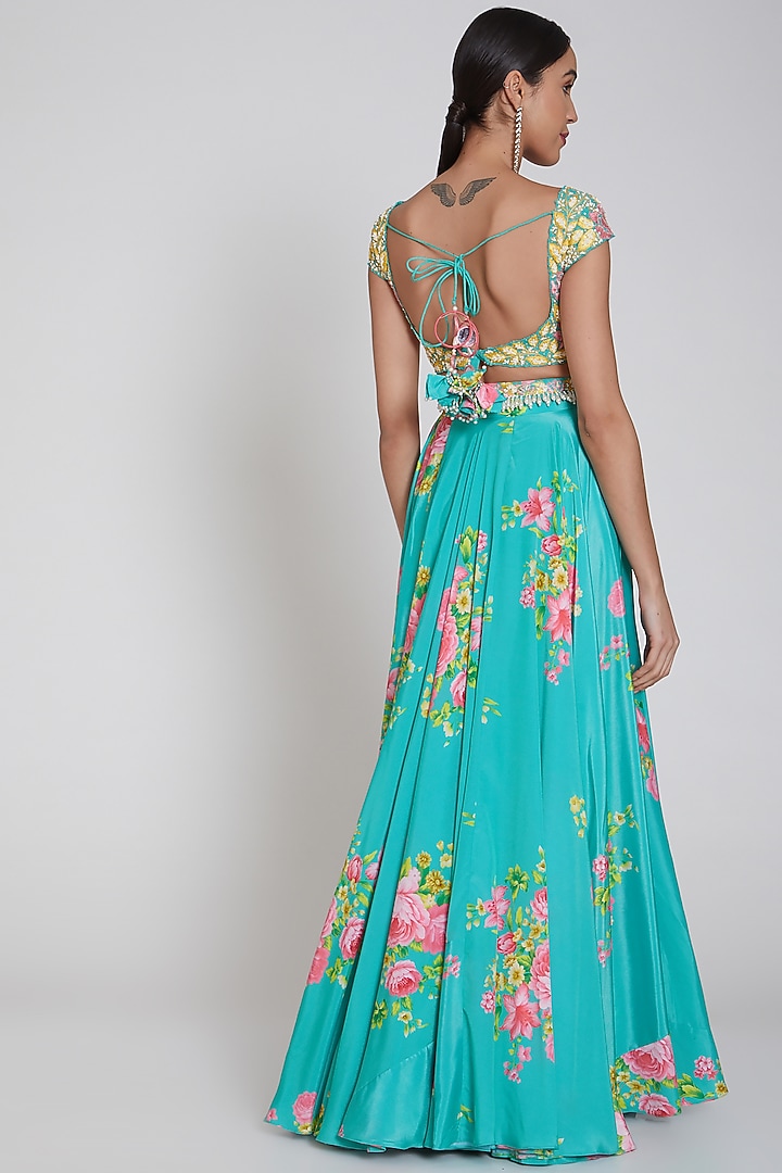 Cobalt Blue Printed Wedding Lehenga Set With Belt by Neha Chopra Tandon at Pernia's Pop Up Shop