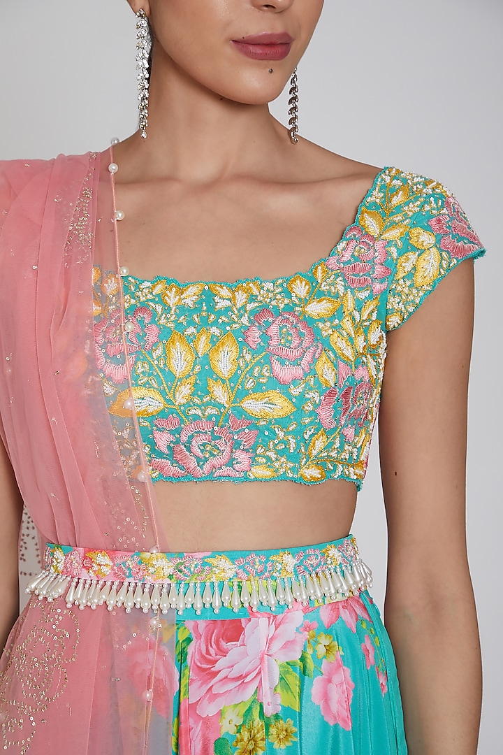 Cobalt Blue Printed Wedding Lehenga Set With Belt by Neha Chopra Tandon at Pernia's Pop Up Shop