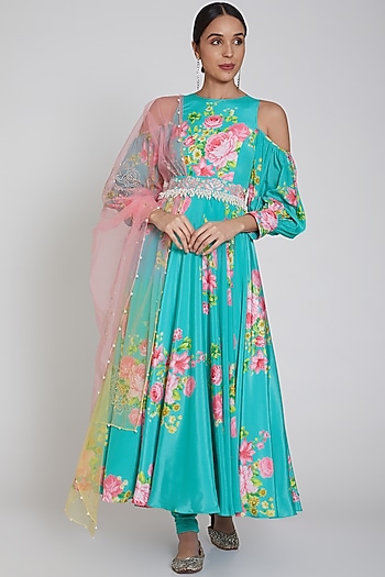 Cobalt Blue Printed Party Wear Anarkali Set With Belt by Neha Chopra Tandon at Pernia's Pop Up Shop